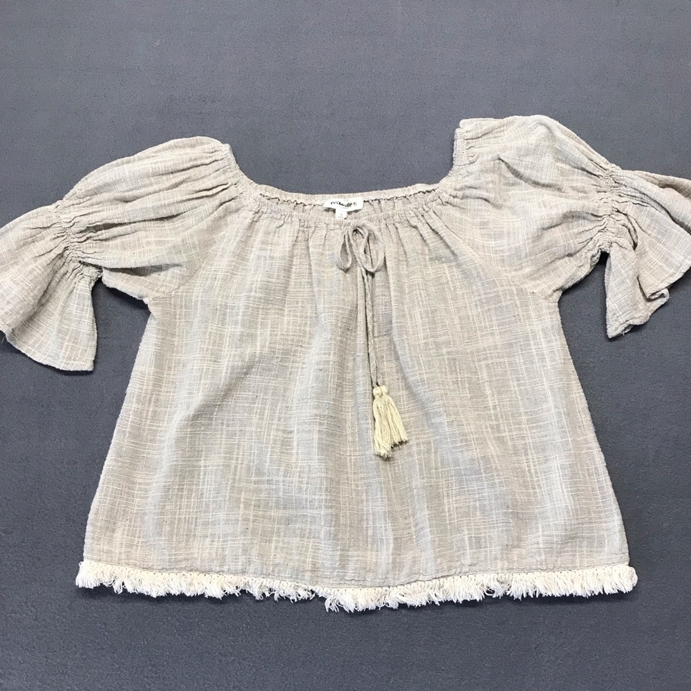 ee:some Womens Sz Large Light Taupe Off-Shoulder Blouse with Tassel Tie / Fringe - Picture 5 of 10